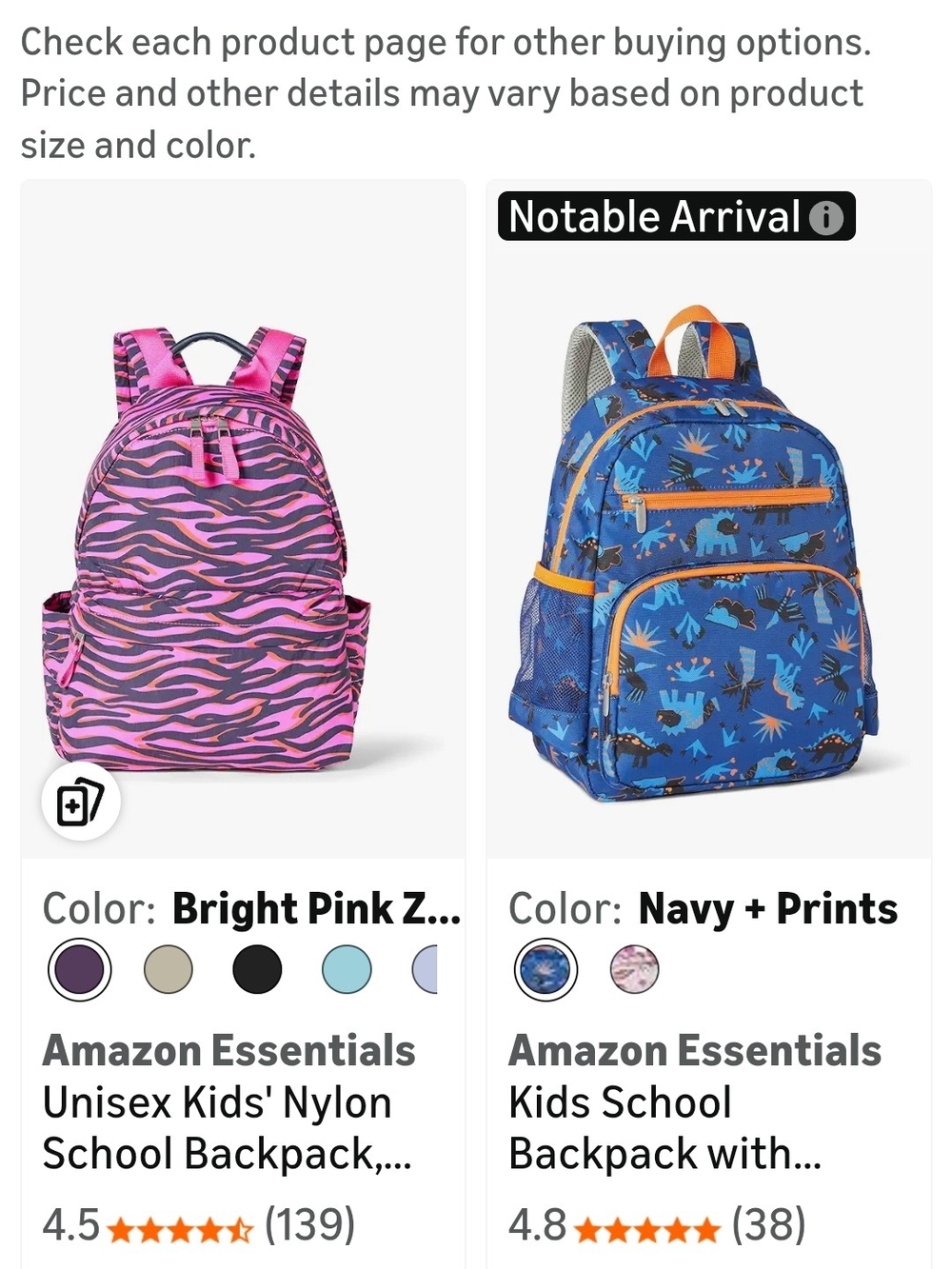 Amazon Essentials Kids Backpack in Bright Pink and Black Zebra Print